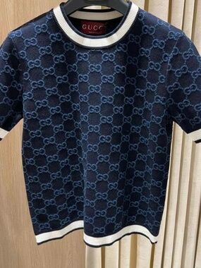 New Gucci 2025 GG Logo Monogram Fine Cotton Jacquard Top in Navy L